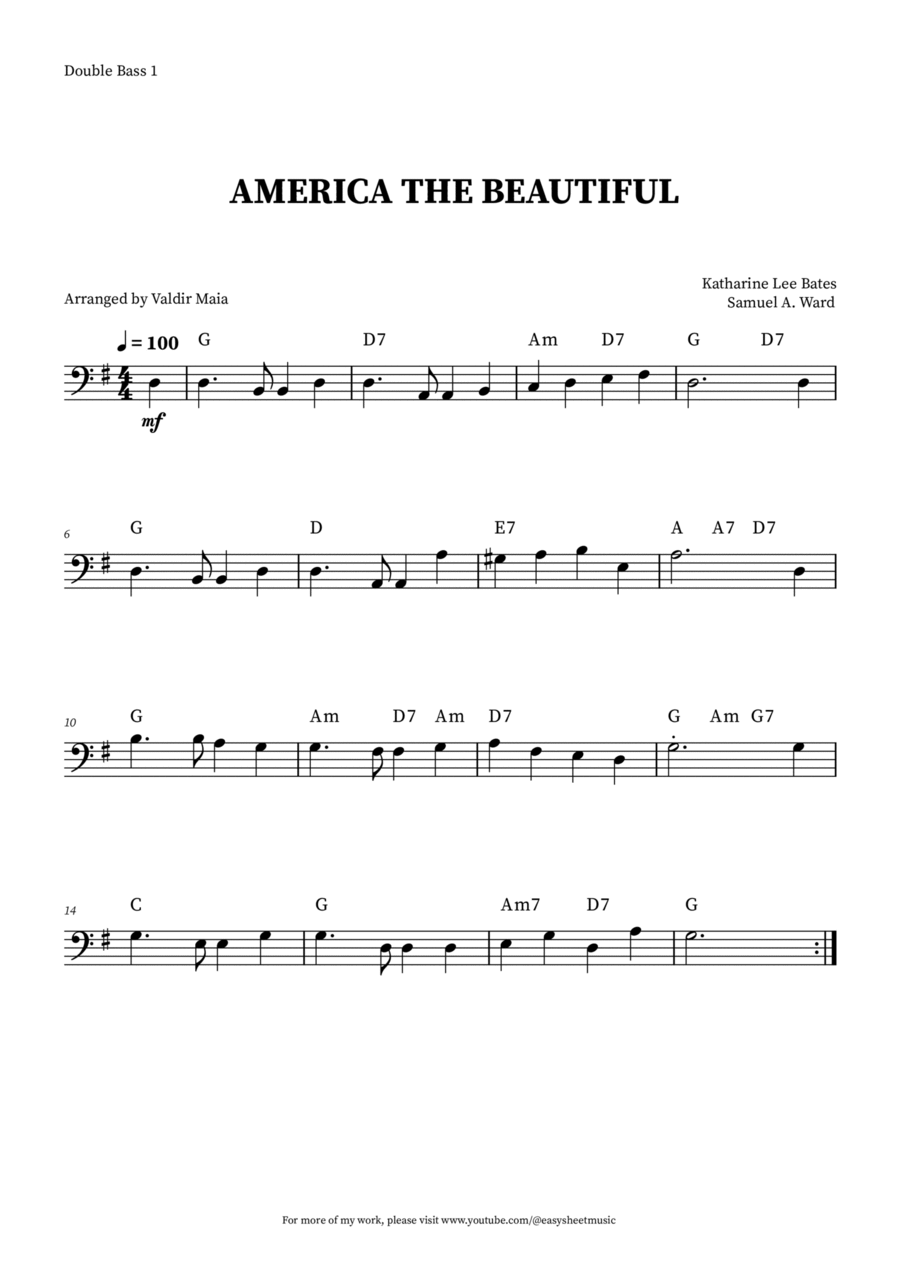 America The Beautiful - Double Bass (+ CHORDS) Double Bass scores gallery preview page 1