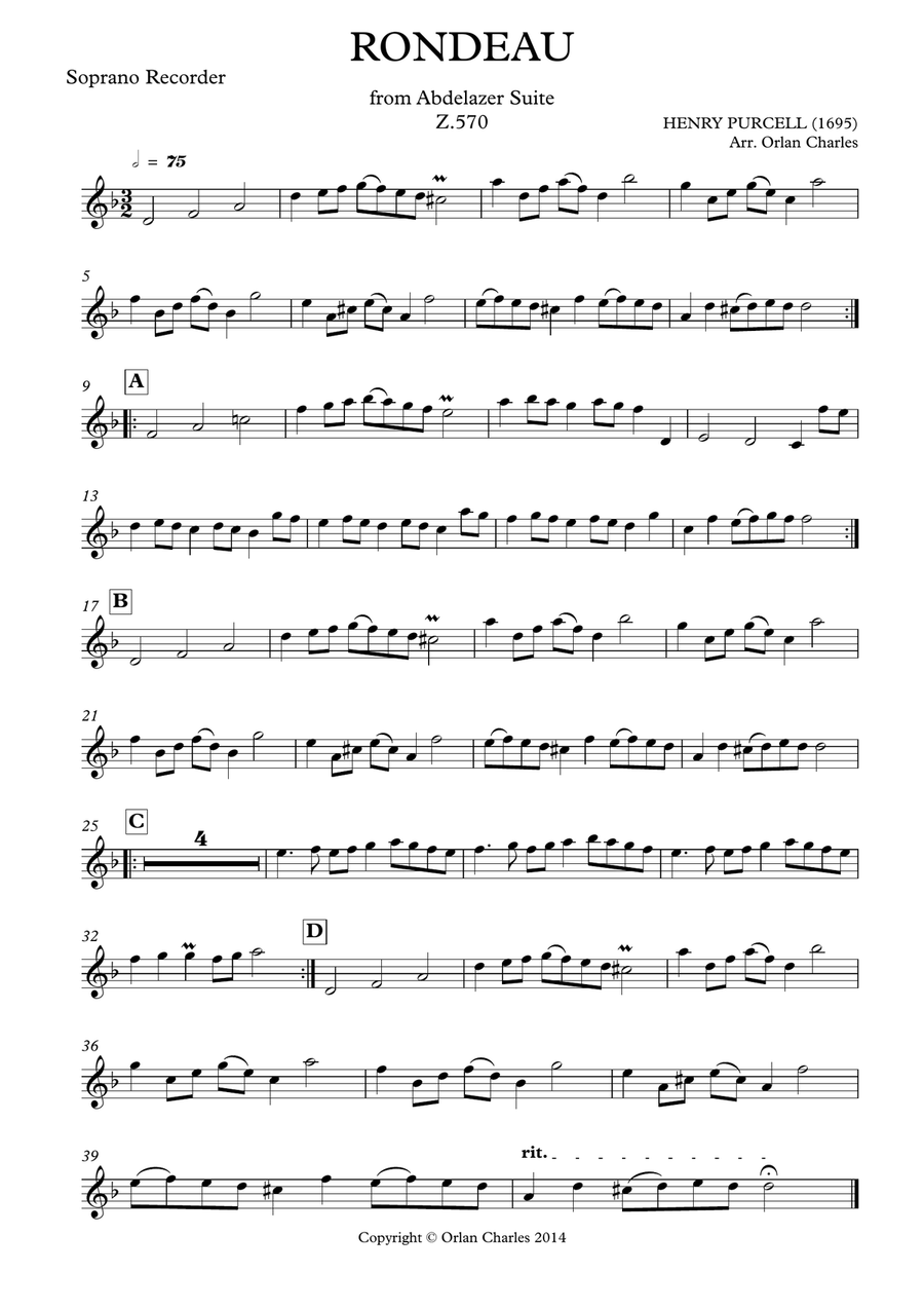 Henry Purcell - Rondeau - From Abdelazer Suite - for recorder quartet Woodwind Quartet scores gallery preview page 6