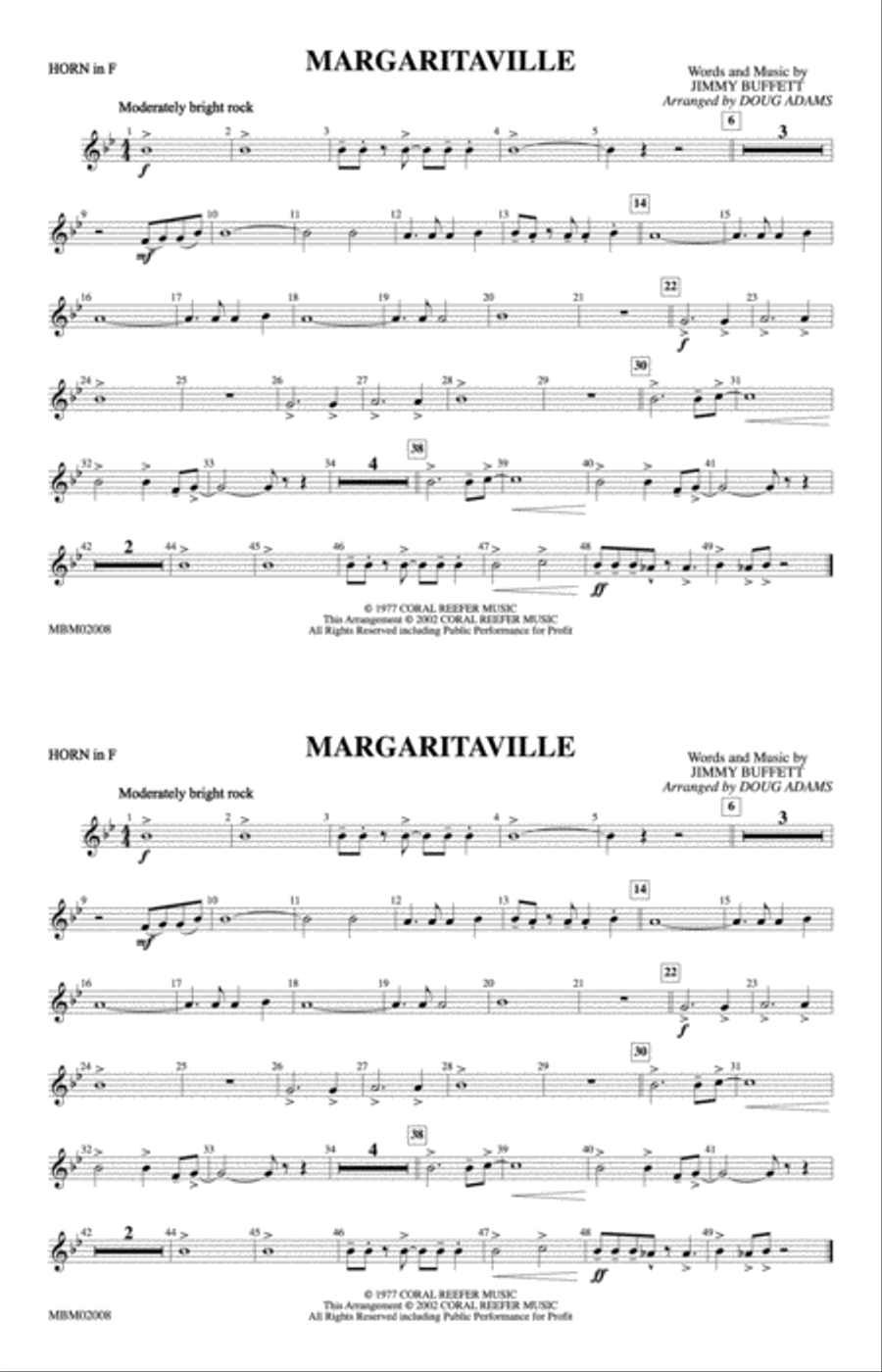 Margaritaville: 1st F Horn Marching Band scores gallery preview page 1
