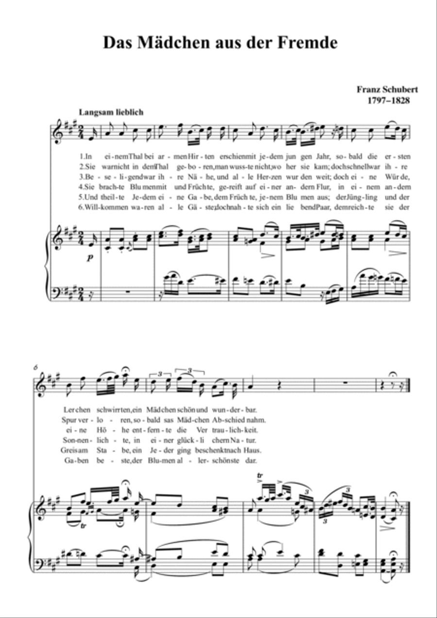 Schubert-Das Mädchen aus der Fremde in A for Vocal and Piano Voice scores gallery preview page 2