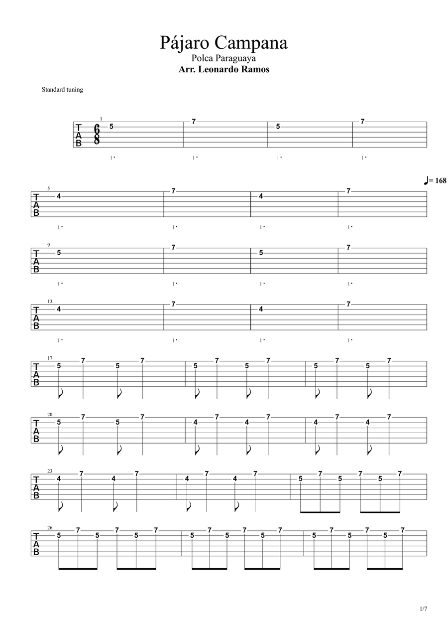 Pájaro Campana (Bellbird, Paraguayan Polka) Acoustic Guitar scores gallery preview page 1