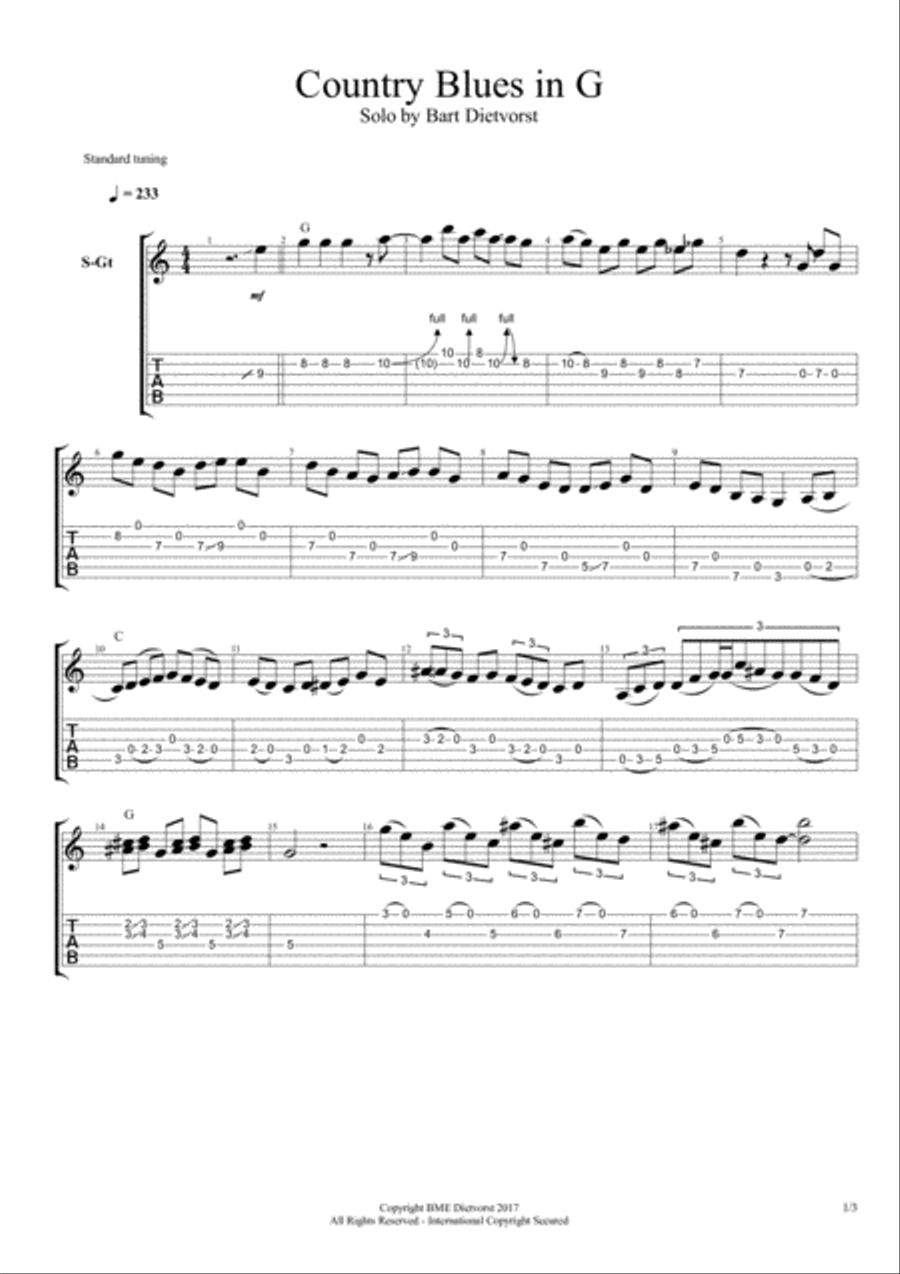 Country blues in G up tempo guitar solo Electric Guitar scores gallery preview page 1