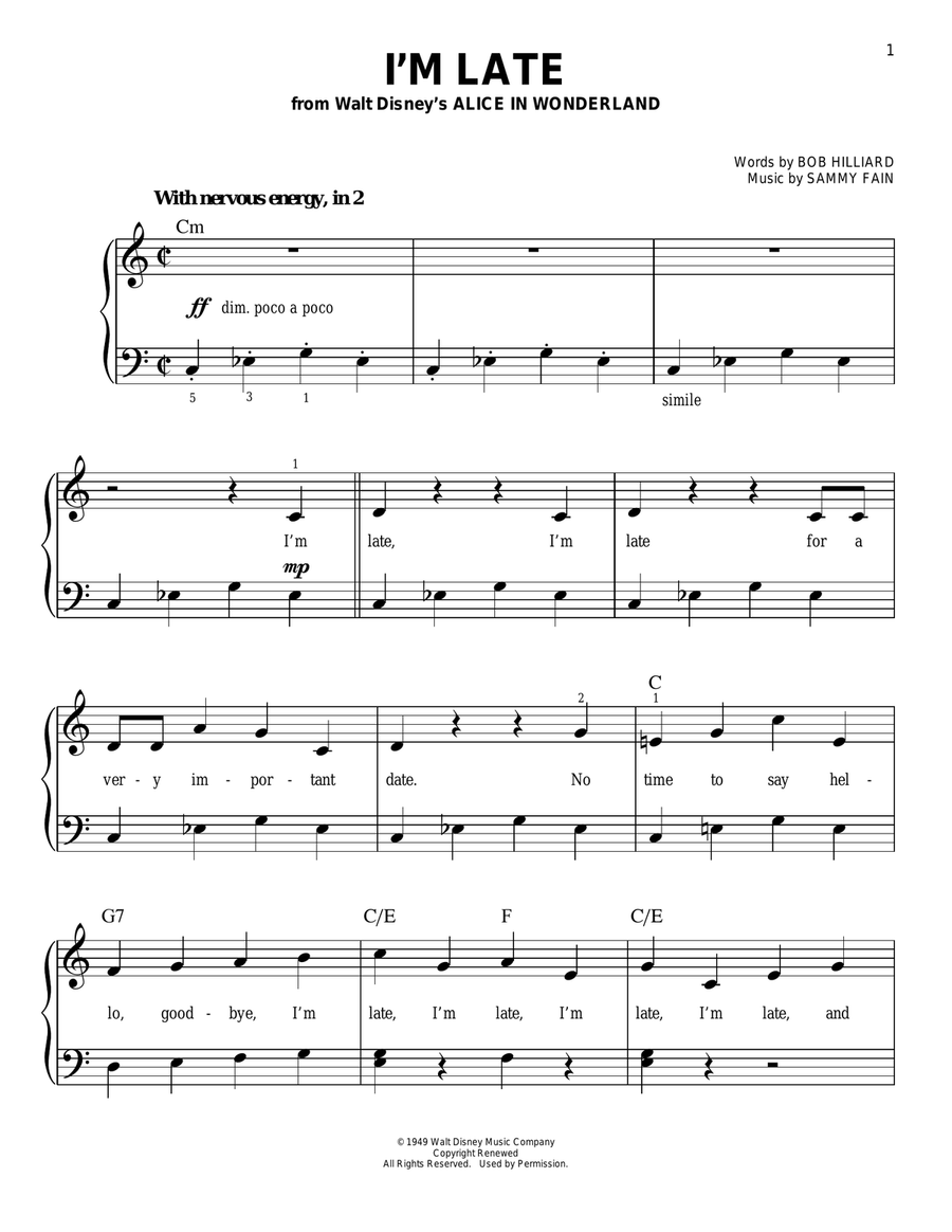 I'm Late (from Alice In Wonderland) Easy Piano scores gallery preview page 1
