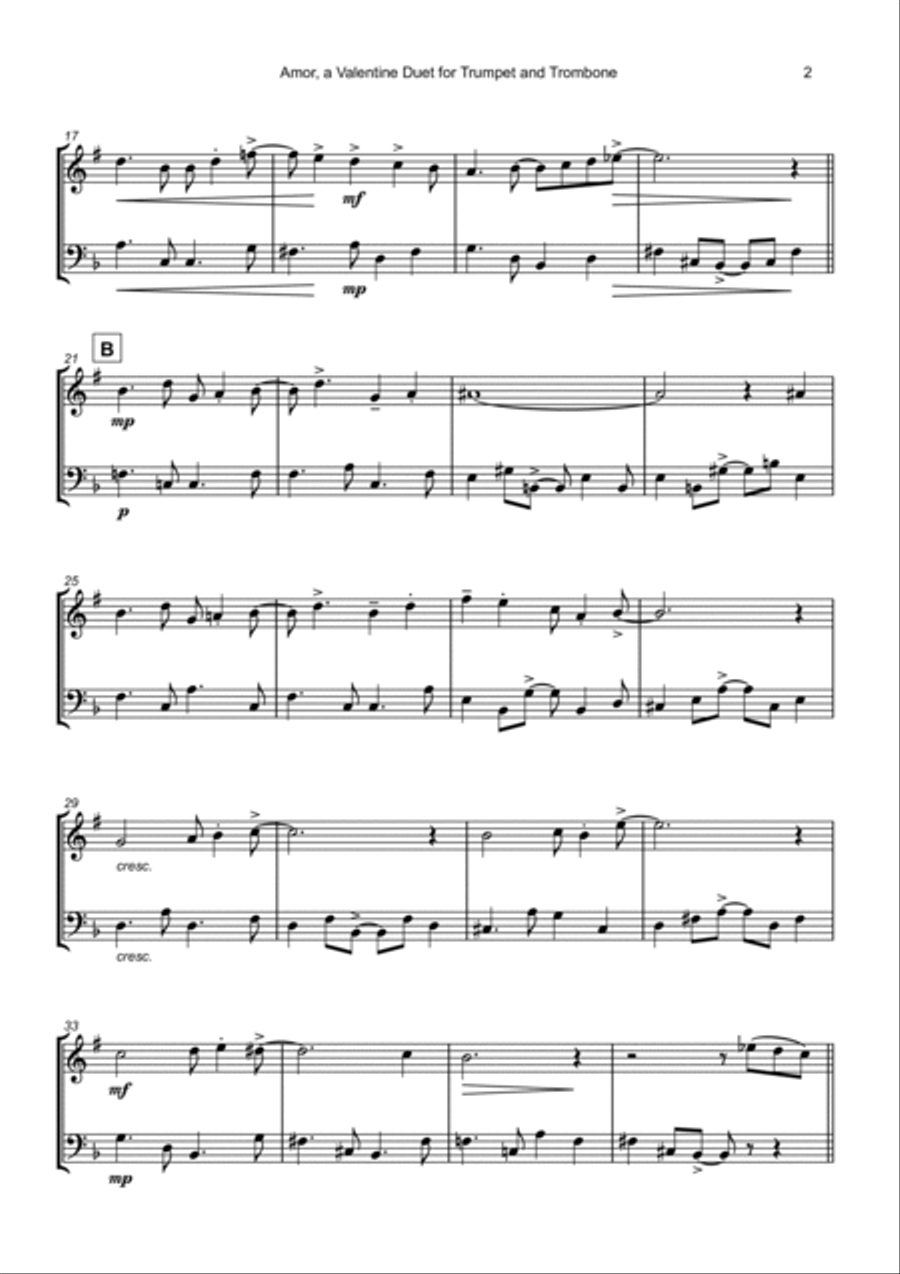 Amor, (Portuguese for Love), Trumpet and Trombone Duet Brass Duet scores gallery preview page 3