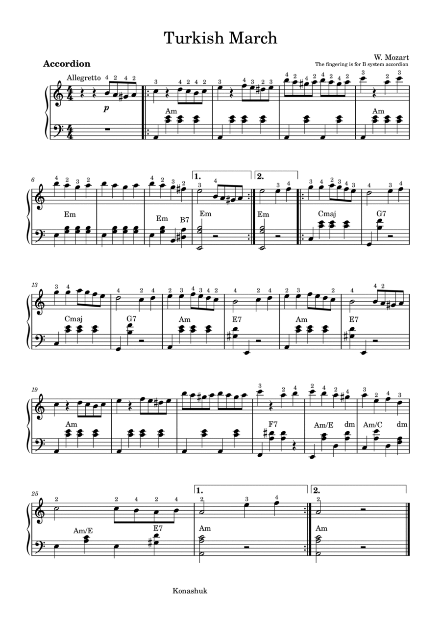 Turkish March (Rondo alla Turca) Accordion scores gallery preview page 1