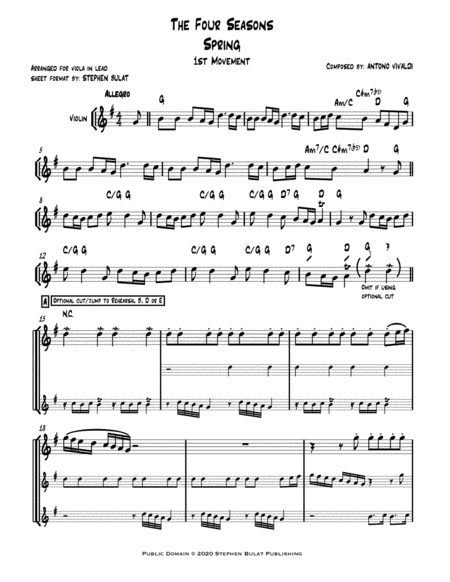 Spring - 1st Movement from "The Four Seasons" (Vivaldi) - Viola lead sheet (key of G)