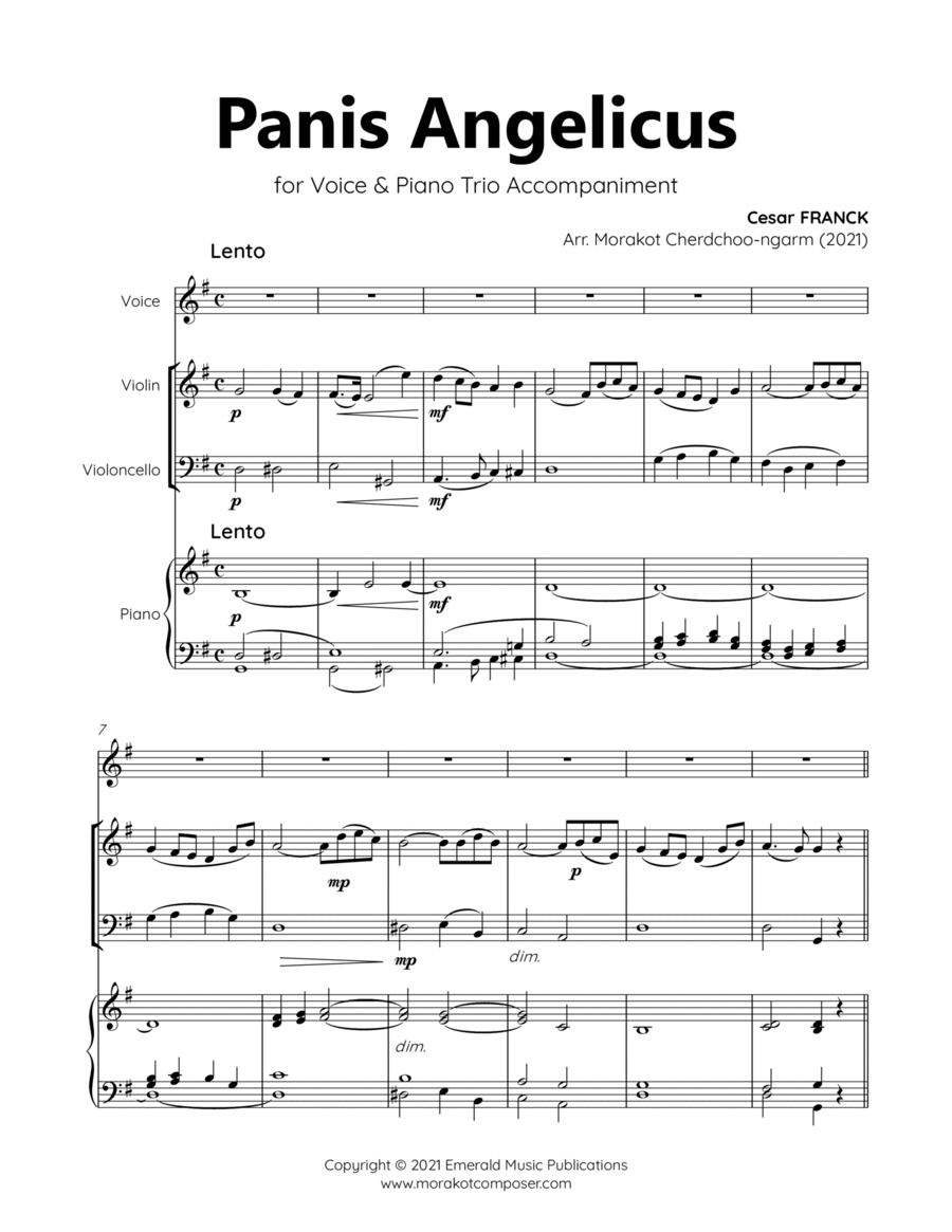 Panis Angelicus for Voice & Piano Trio Accompaniment Panis Angelicus for Voice & Piano Trio Accompaniment 4-Part scores gallery preview page 1