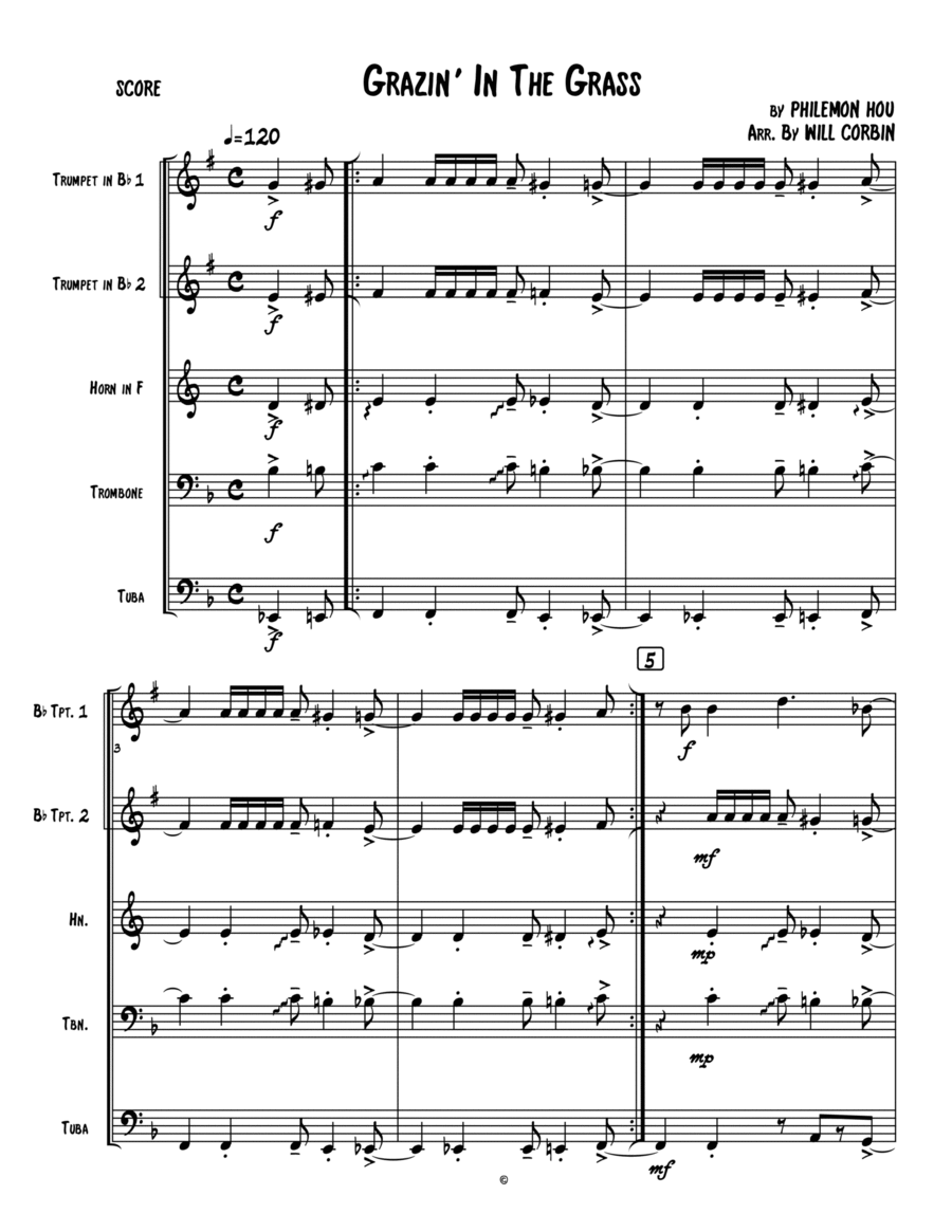 Grazing In The Grass Brass Quintet scores gallery preview page 1