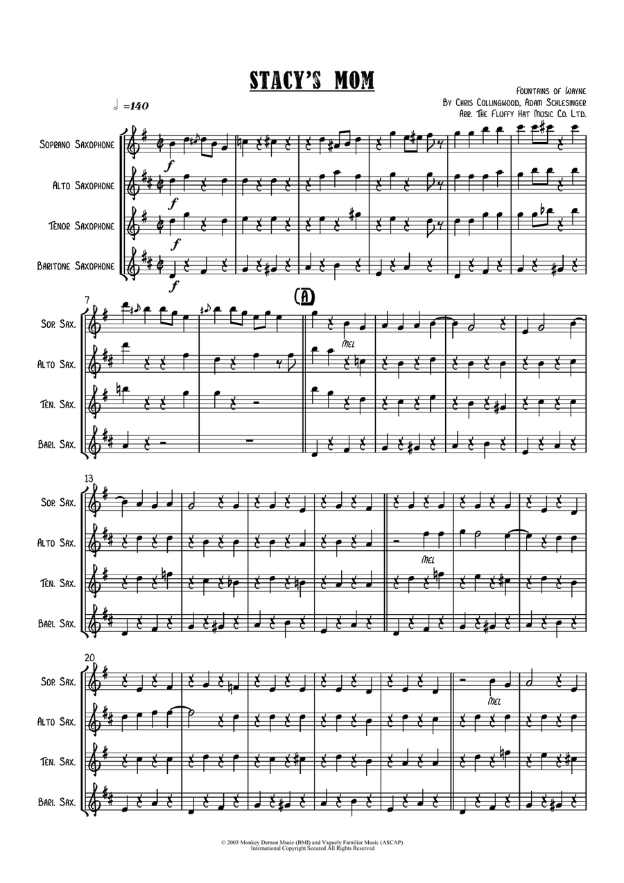 Stacy's Mom Stacy's Mom Saxophone Quartet scores gallery preview page 1