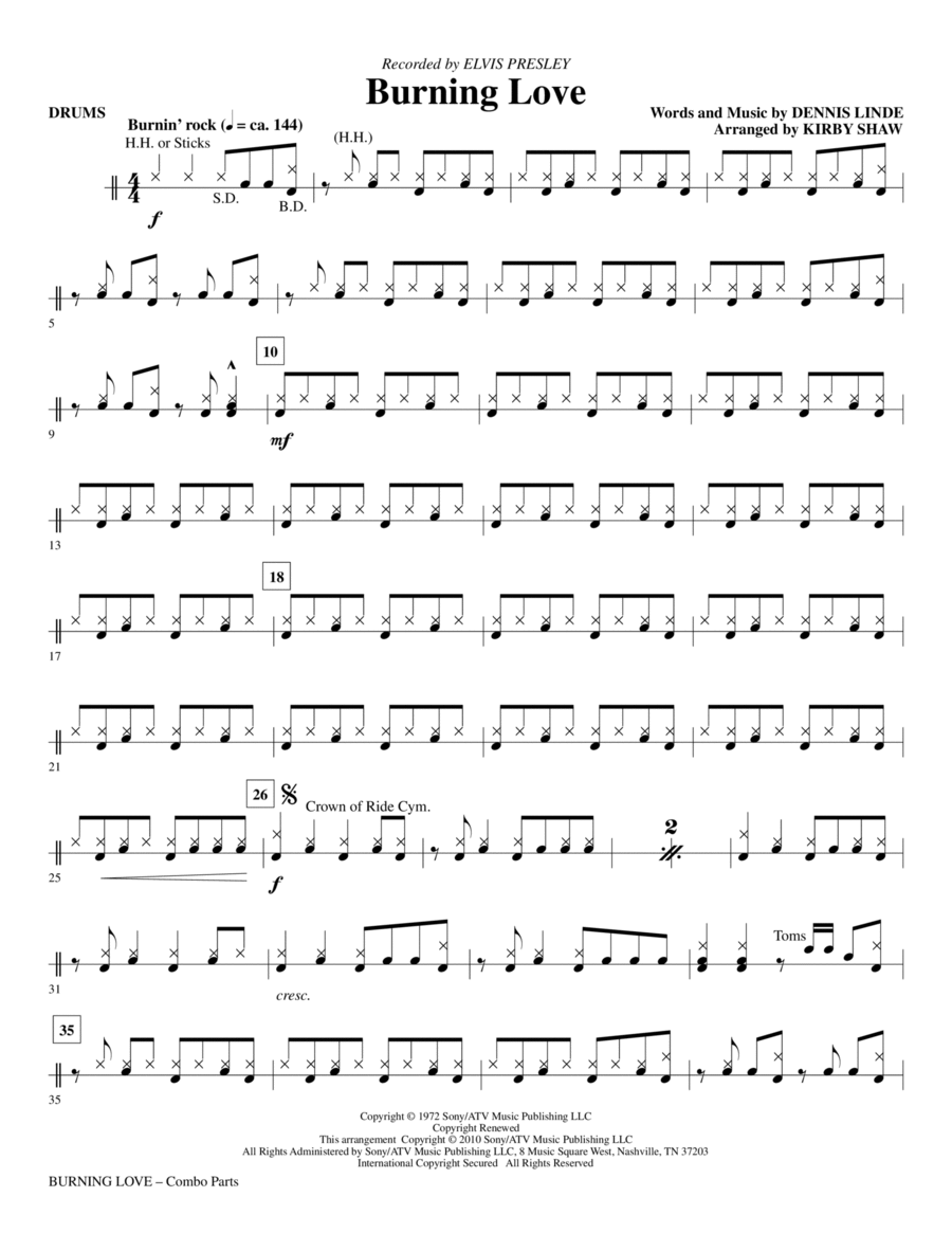 Burning Love (arr. Kirby Shaw) - Drums Choir scores gallery preview page 1