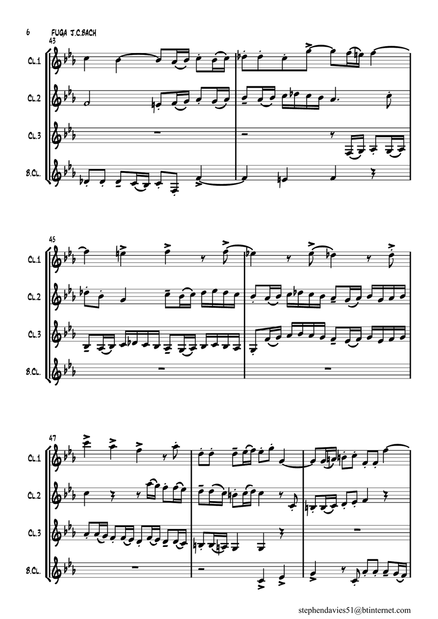 'Fuga' from '6 Sonatas For Piano' by Johann Christian Bach for Clarinet Quartet. image number null