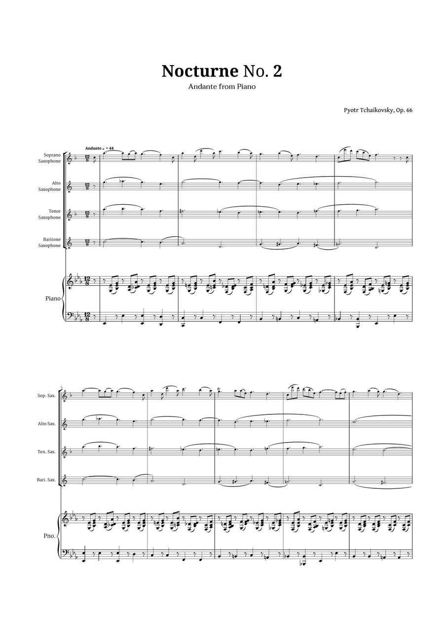 Nocturne by Chopin for Sax Quartet and Piano Woodwind Ensemble scores gallery preview page 1
