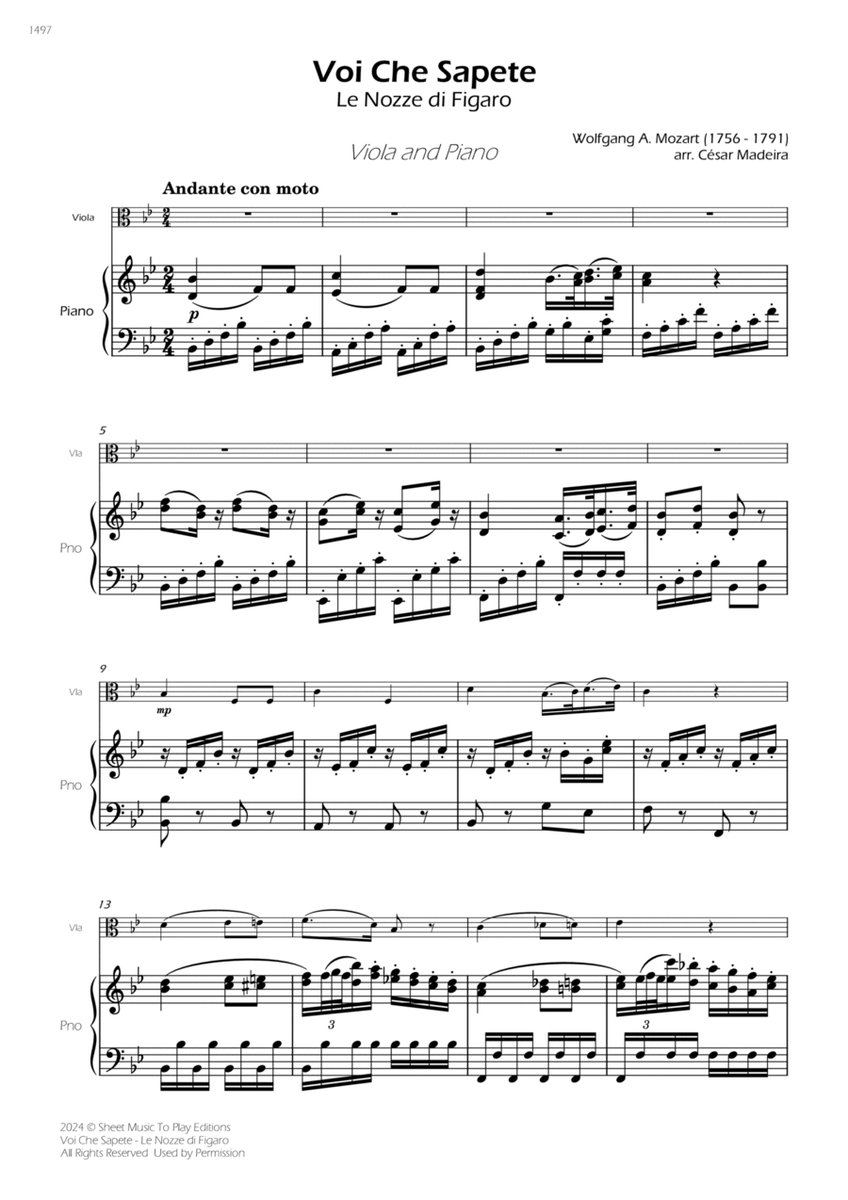 Voi Che Sapete from Le Nozze di Figaro - Viola and Piano (Full Score) image number null