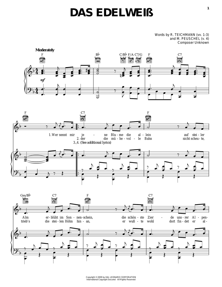 Das Edelweiss Das Edelweiss Piano, Vocal, Guitar scores gallery preview page 1