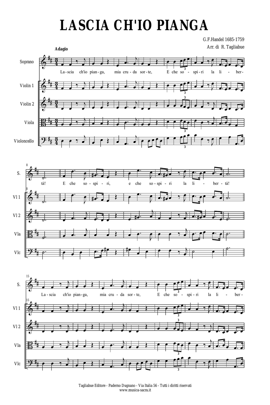 LASCIA CH'IO PIANGA - Handel - Arr. for Soprano and String quartet - With parts String Quartet scores gallery preview page 2