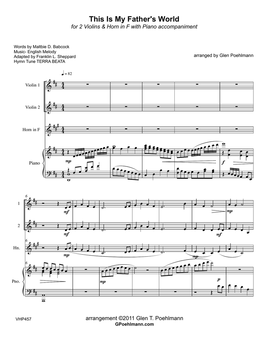 THIS IS MY FATHER'S WORLD - 2 VIOLINS & HORN with Piano Accompaniment Small Ensemble scores gallery preview page 1