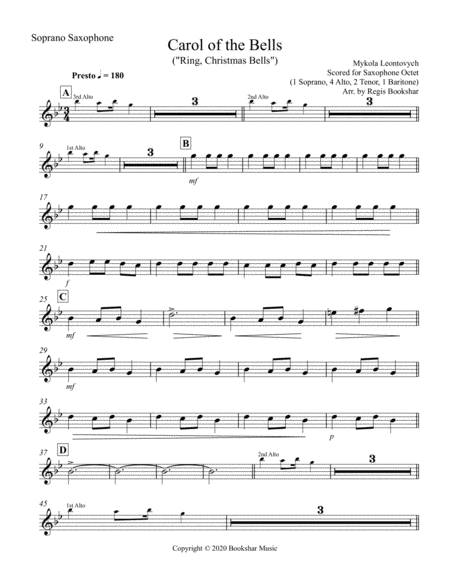 Carol of the Bells (F min) (Saxophone Octet - 1 Sop, 4 Alto, 2 Ten, 1 Bari) image number null