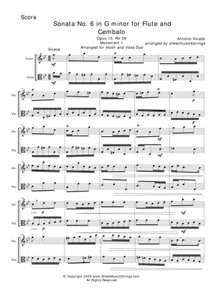 Book cover for Vivaldi, - Sonata No. 6 Mvt. 1 for Violin and Viola