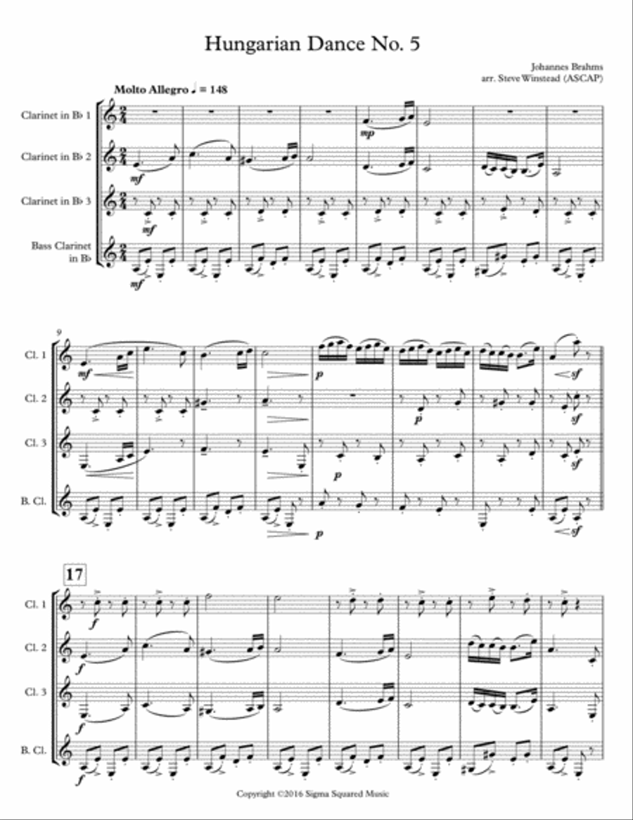 Hungarian Dance No. 5 for Clarinet Quartet or Choir Choir scores gallery preview page 2