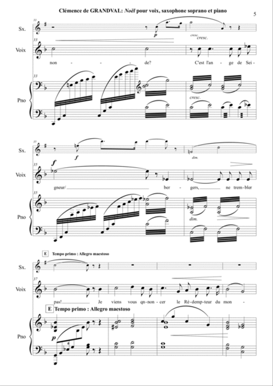 Clemence de Grandval : Noel for voice, soprano saxophone and piano Chamber Music scores gallery preview page 5