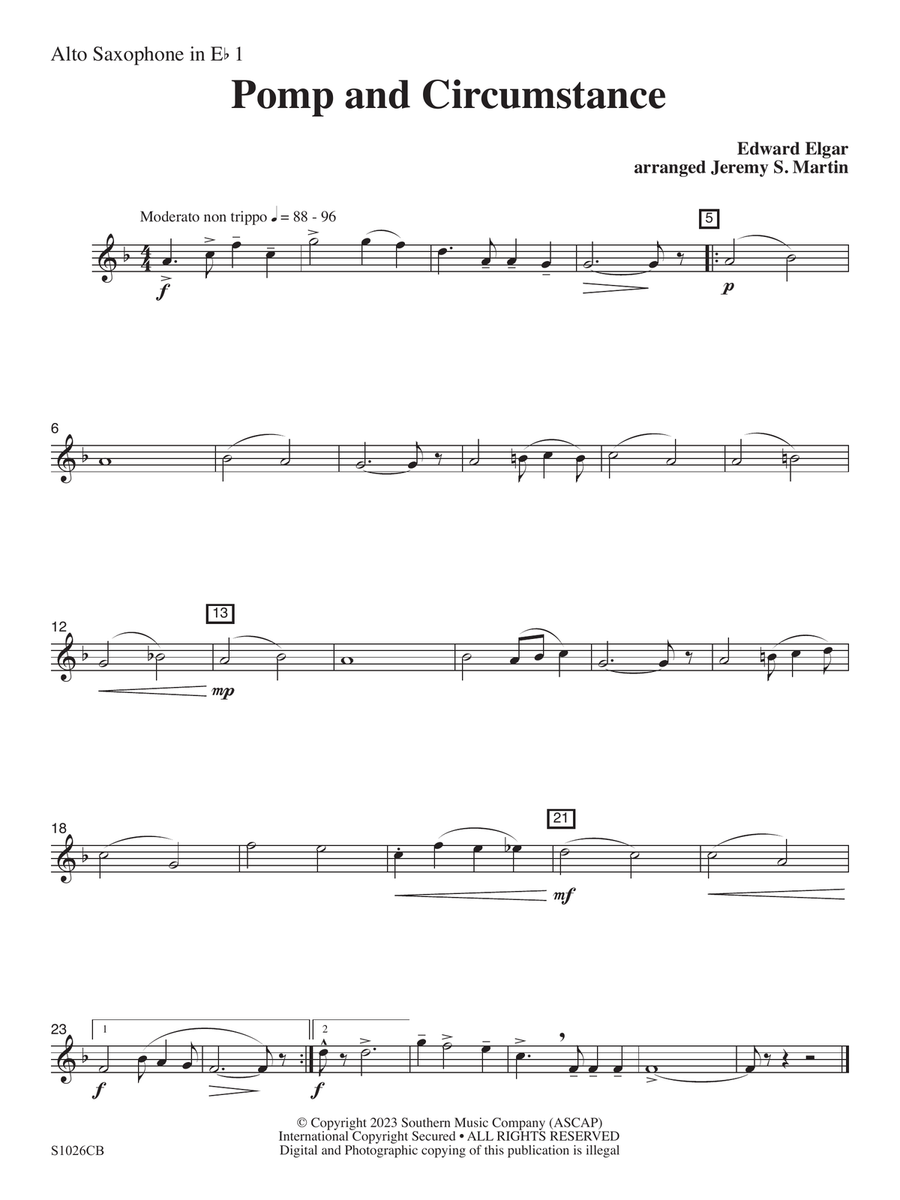 Pomp and Circumstance (Easy) (arr. Jeremy Martin) - Alto Saxophone 1 Concert Band scores gallery preview page 1