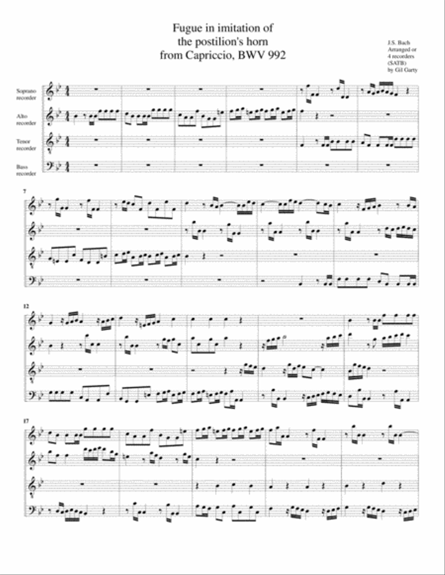 Fugue in imitation of the postilion's horn from Capriccio BWV 992 (arrangement for 4 recorders) Recorder scores gallery preview page 1