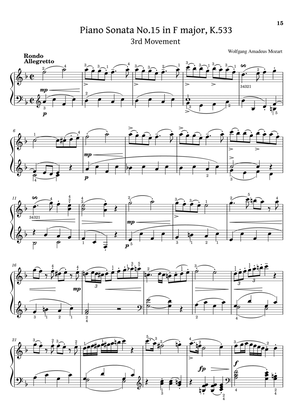 Book cover for Mozart - Piano Sonata No.15 in F major, K.533/494 3rd Mov - Original With Fingered For Piano Solo