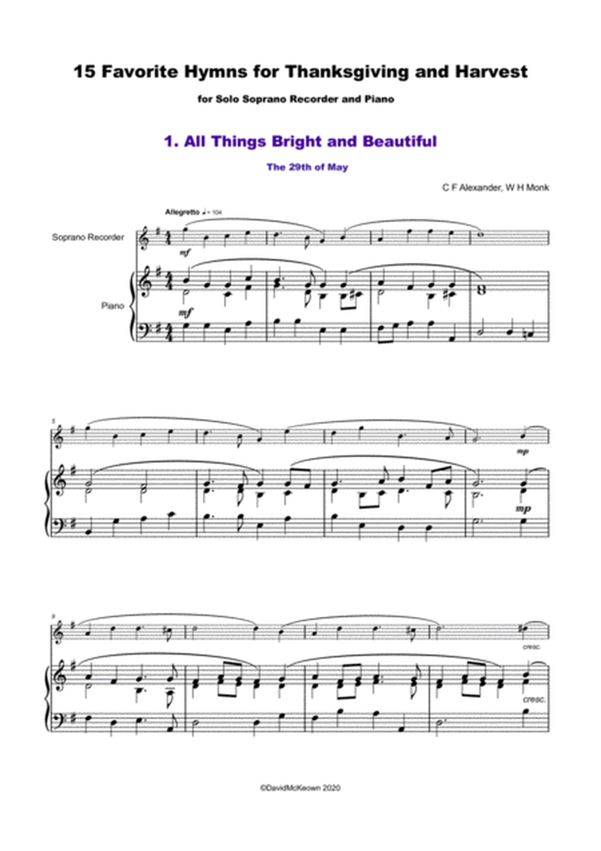 15 Favourite Hymns for Thanksgiving and Harvest for Soprano Recorder and Piano