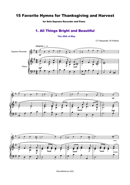 15 Favourite Hymns for Thanksgiving and Harvest for Soprano Recorder and Piano