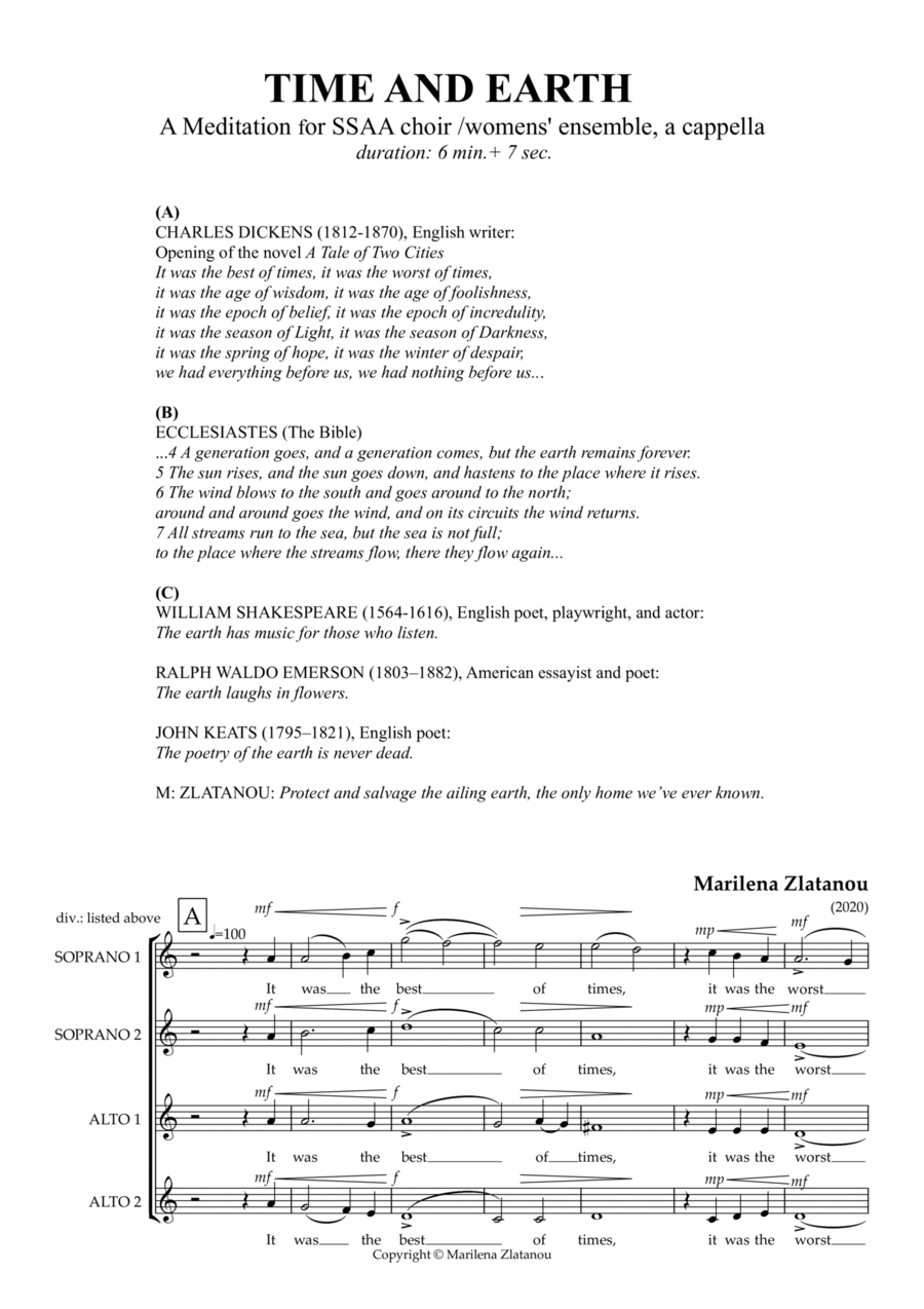 TIME AND EARTH, for SSAA choir/Women's ensemble image number null