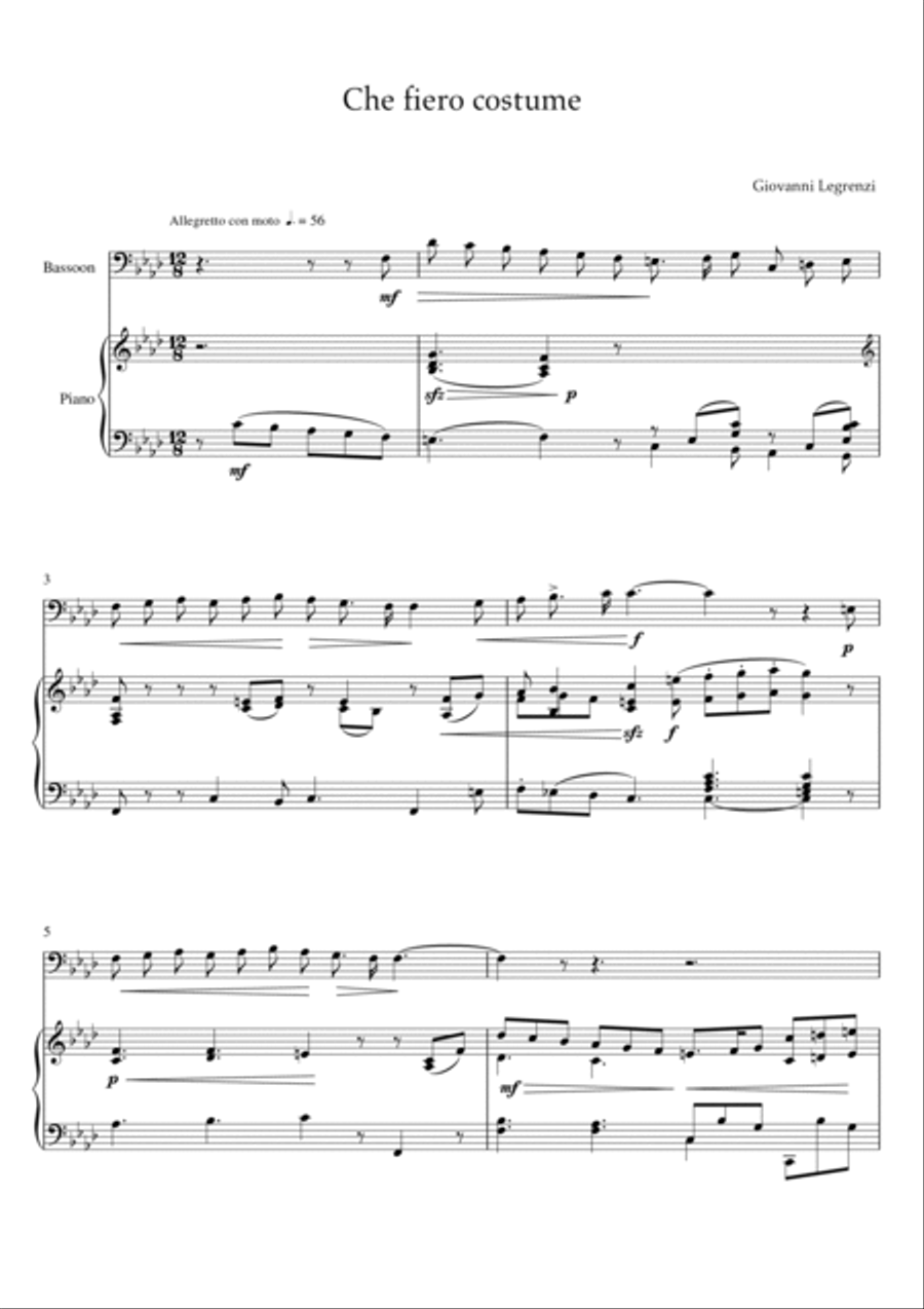 Legrenzi - Che fiero costume (Piano and Bassoon) Small Ensemble scores gallery preview page 2