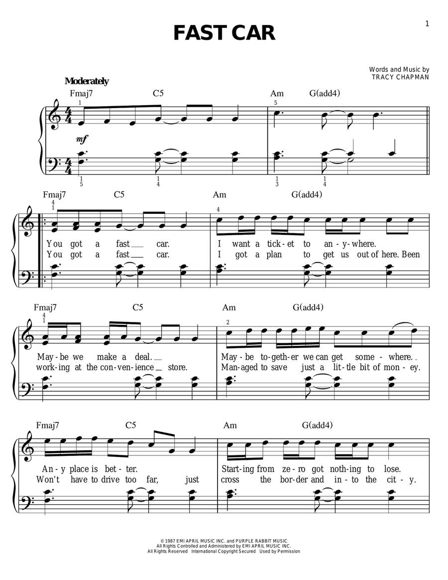 Fast Car Easy Piano scores gallery preview page 1