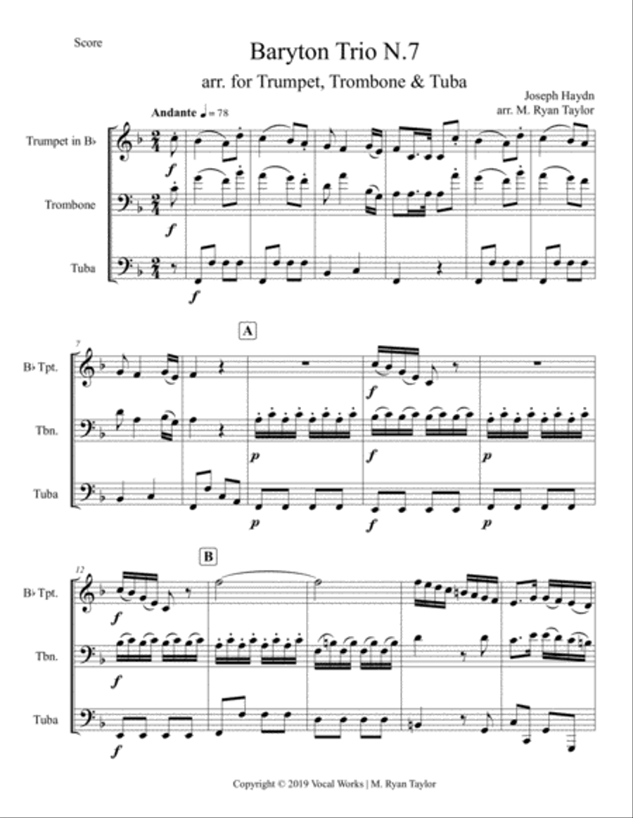 Baryton Trio N. 7 (Haydn) for Brass Trio (Trumpet, Trombone & Tuba) Baryton Trio N. 7 (Haydn) for Brass Trio (Trumpet, Trombone & Tuba) Brass Trio scores gallery preview page 1