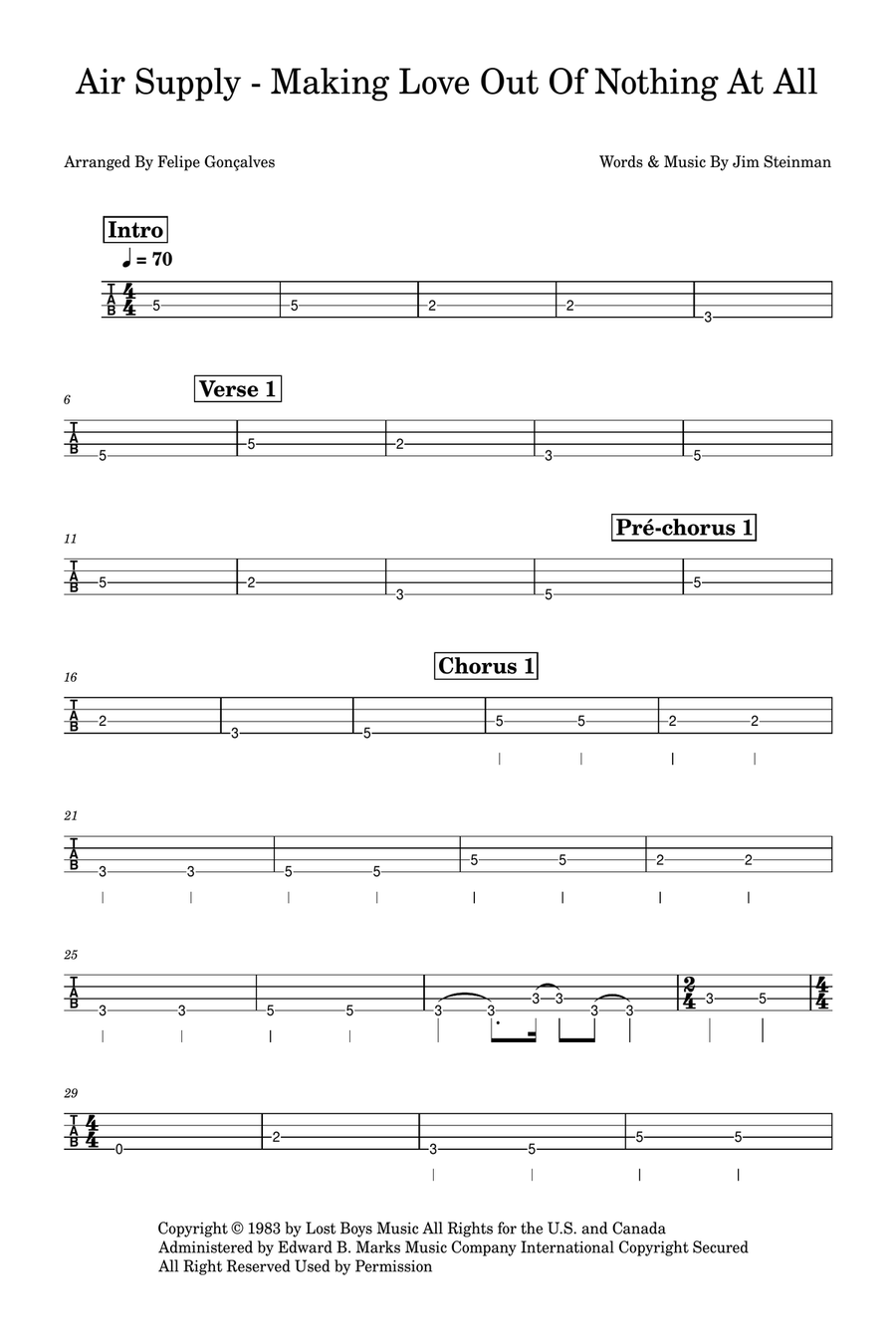 Making Love Out Of Nothing At All Bass Guitar Tablature scores gallery preview page 1