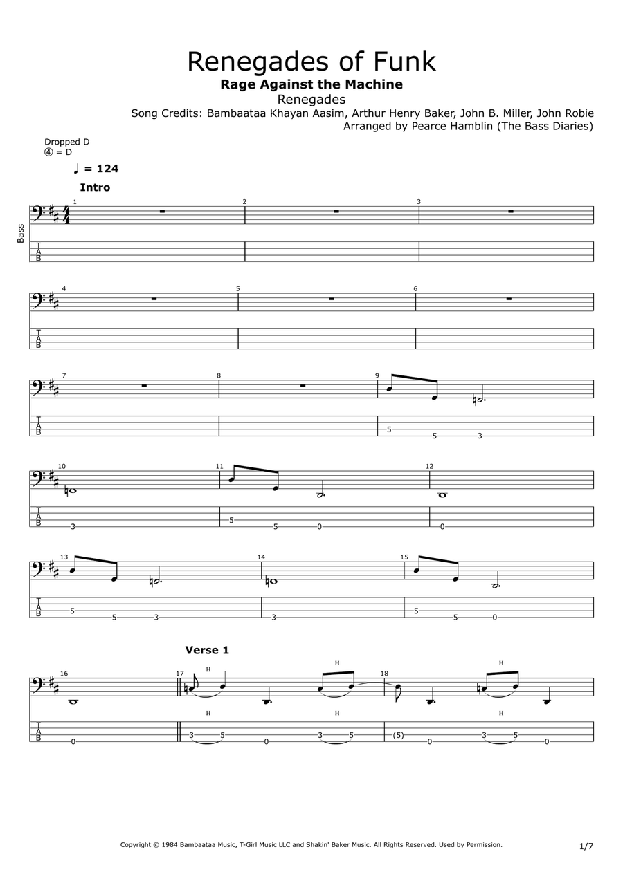 Renegades Of Funk Bass Guitar Tablature scores gallery preview page 1