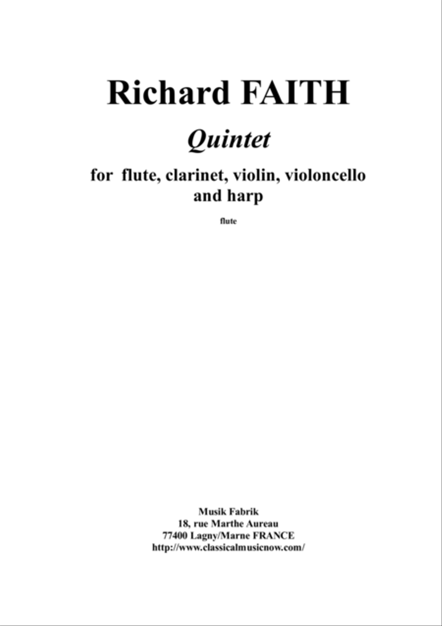 Richard Faith : Quintet for flute, clarinet, violin, violonello and harp, complete parts only Small Ensemble scores gallery preview page 1