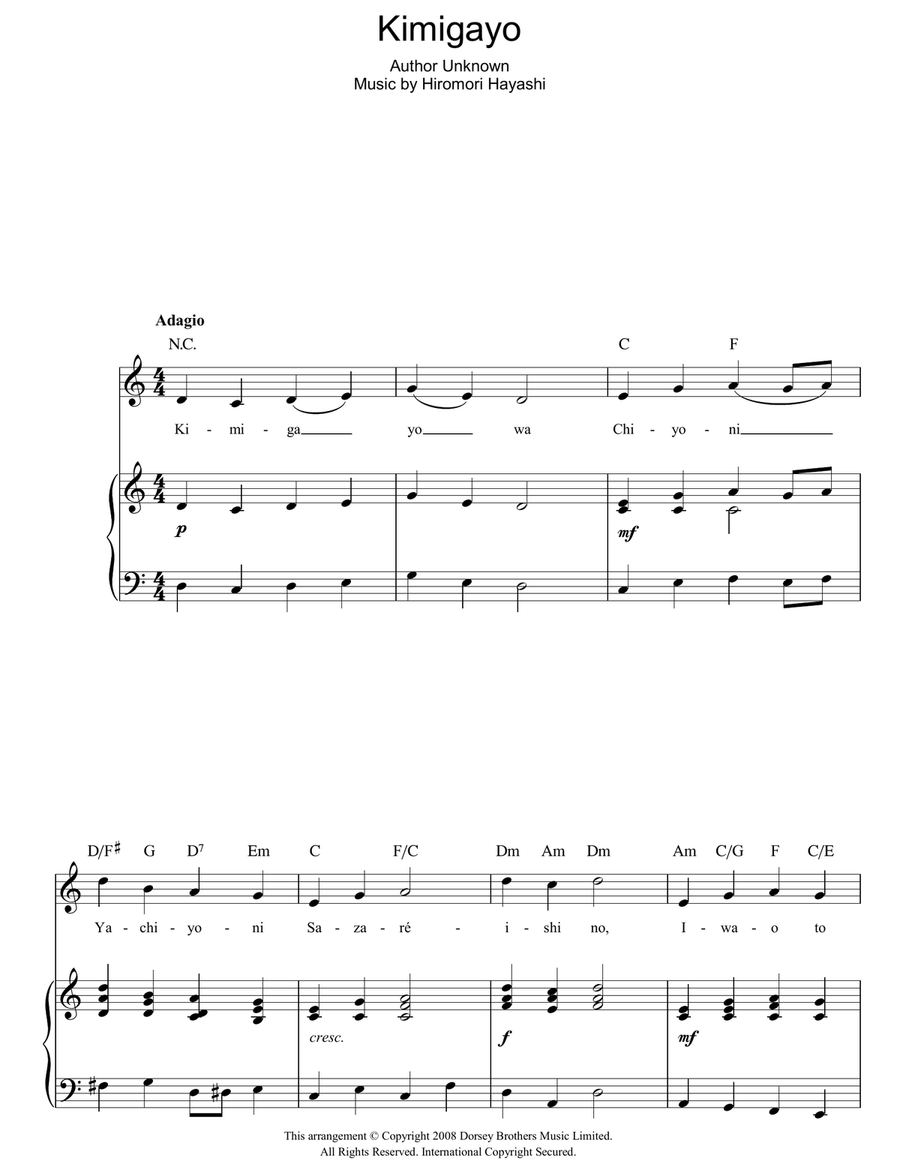 Kimigayo (Japanese National Anthem) Piano, Vocal, Guitar scores gallery preview page 1