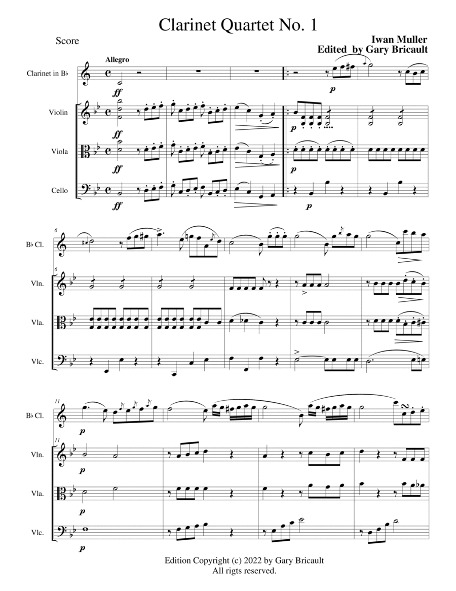 Clarinet Quartet No. 1 B-Flat Clarinet scores gallery preview page 1