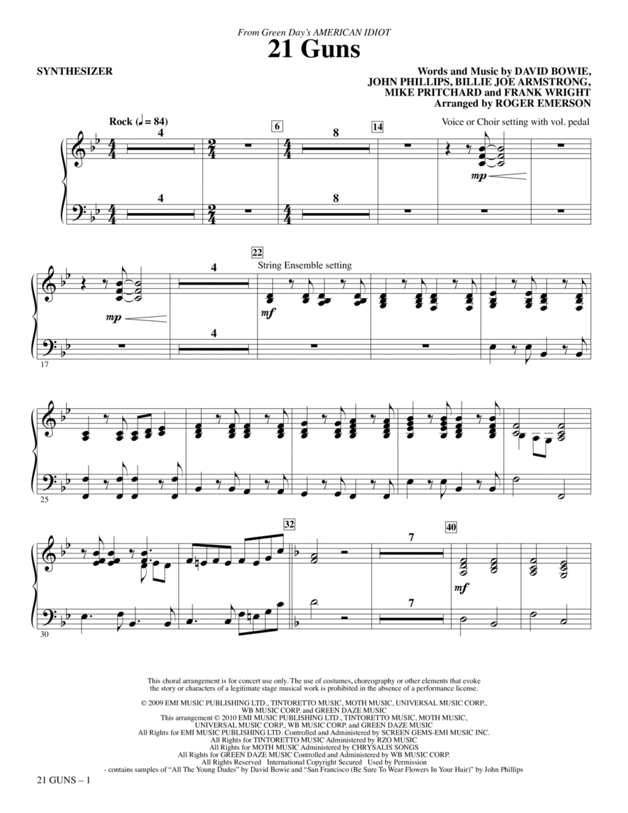 21 Guns (from American Idiot) (arr. Roger Emerson) - Synthesizer Choir scores gallery preview page 1
