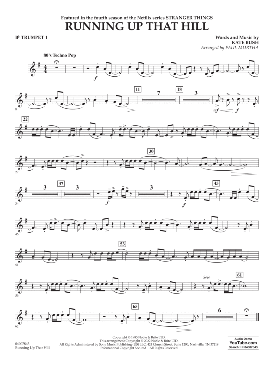 Running Up That Hill (from Stranger Things) (arr. Paul Murtha) - Bb Trumpet 1