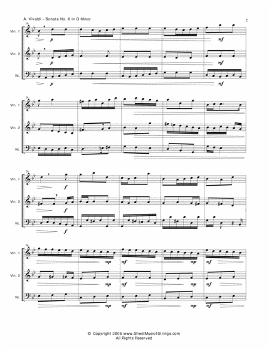 Vivaldi, A. - Sonata No. 6 Mvt. 1 for Two Violins and Cello String Trio scores gallery preview page 2