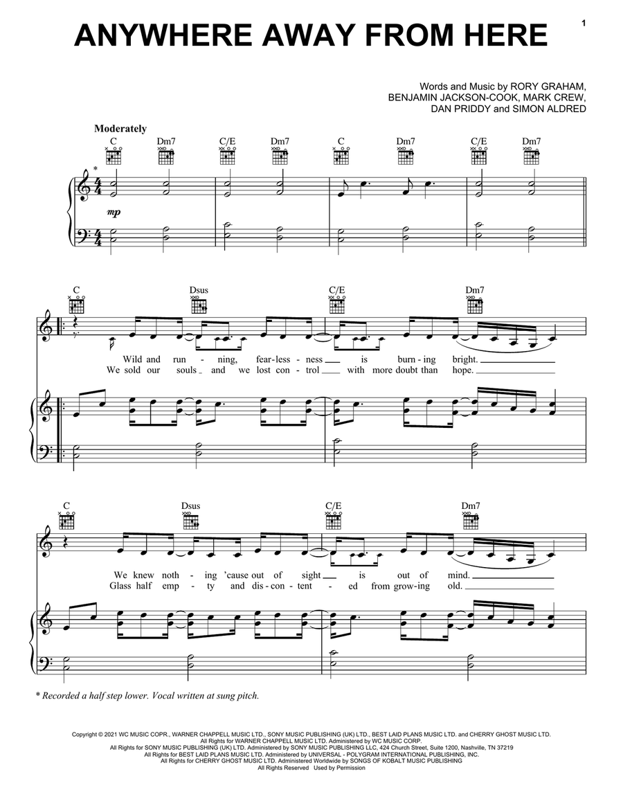 Anywhere Away From Here Piano, Vocal, Guitar scores gallery preview page 1