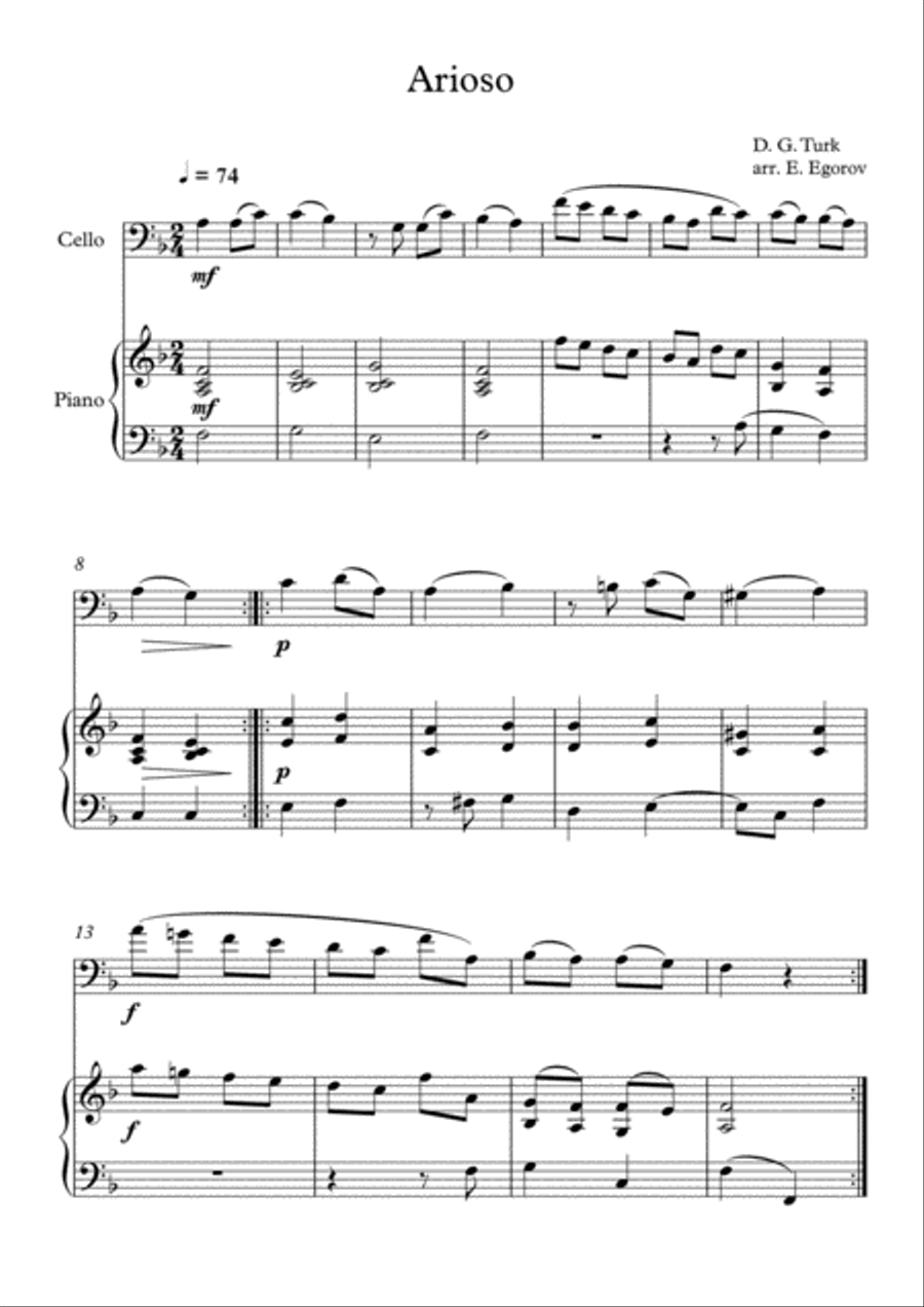 Arioso, Daniel Gottlob Turk, For Cello & Piano Piano scores gallery preview page 1