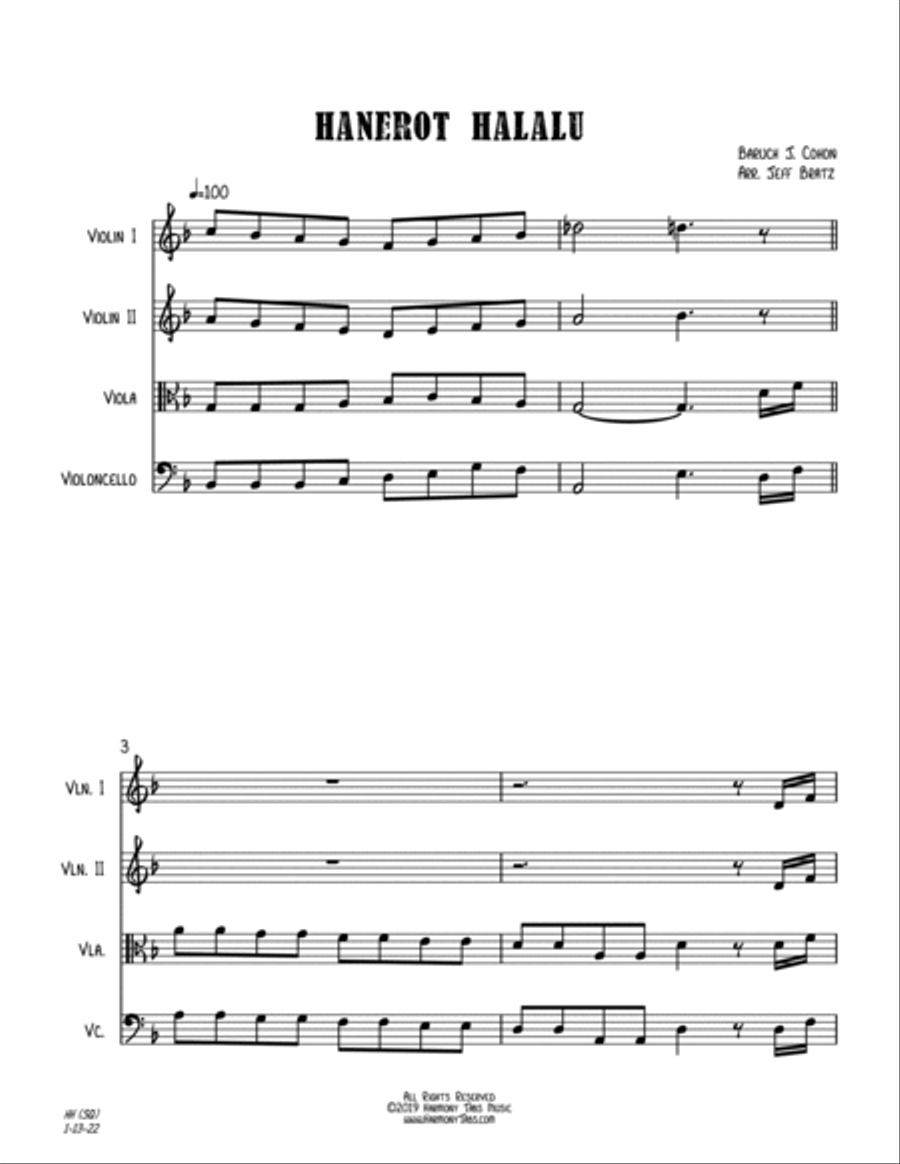 Hanerot Halalu (String Quartet) String Quartet scores gallery preview page 2