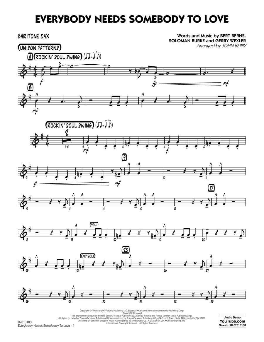 Everybody Needs Somebody to Love - Baritone Sax Jazz Ensemble scores gallery preview page 1
