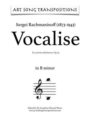 Book cover for RACHMANINOFF: Vocalise, Op. 34 no. 14 (transposed to B minor)