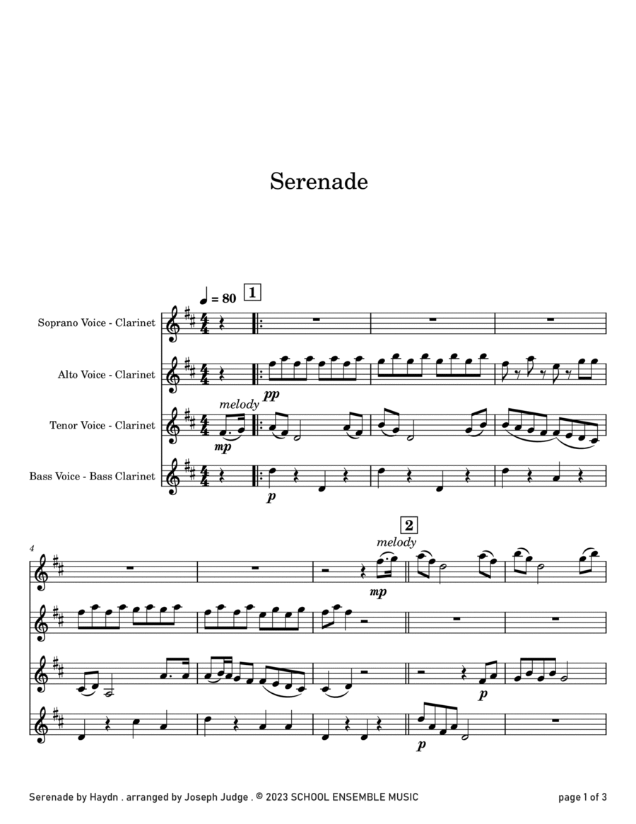 Serenade by Haydn for Clarinet Quartet in Schools Clarinet Quartet scores gallery preview page 1