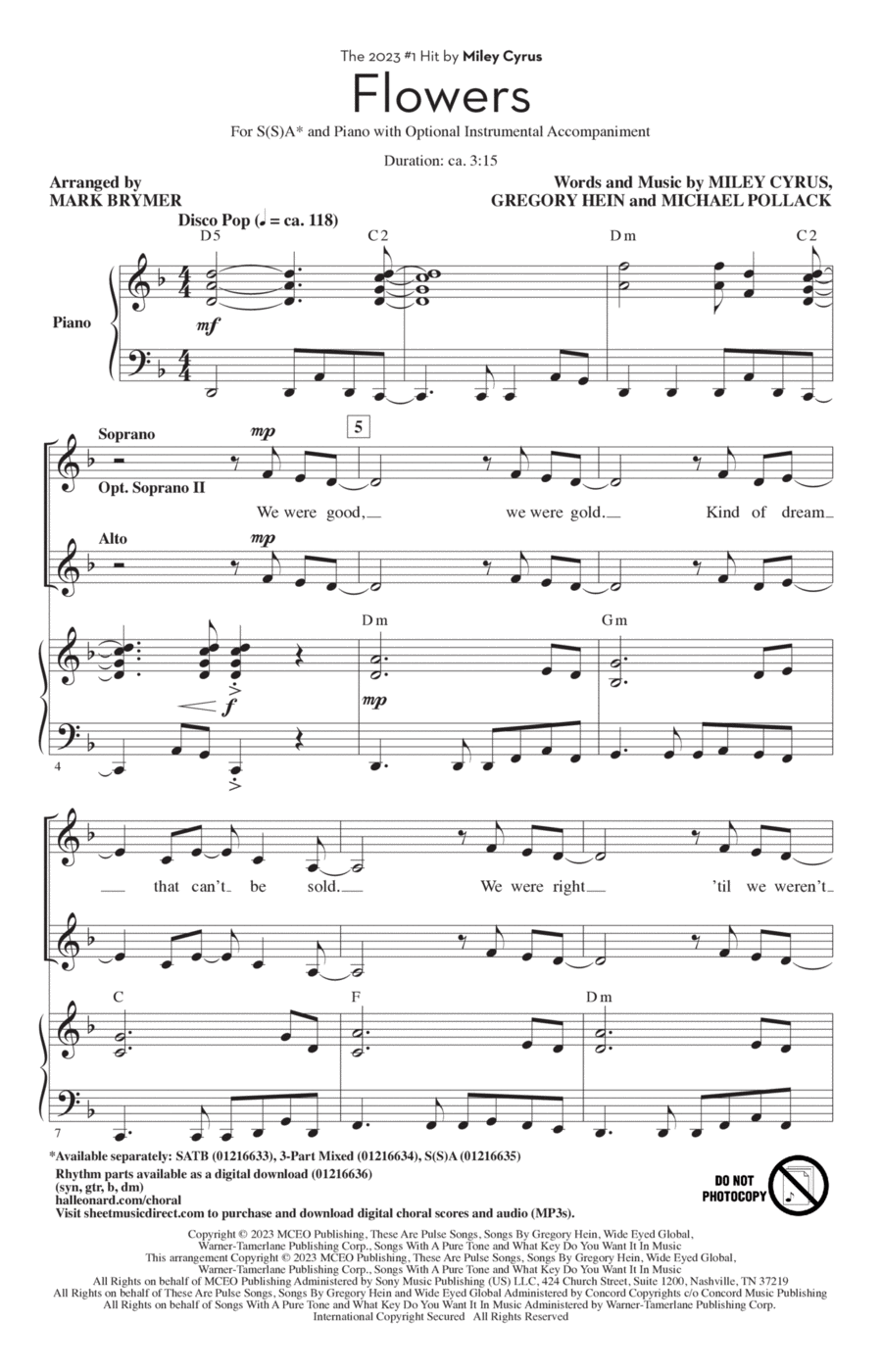 Flowers (arr. Mark Brymer) SSA scores gallery preview page 1