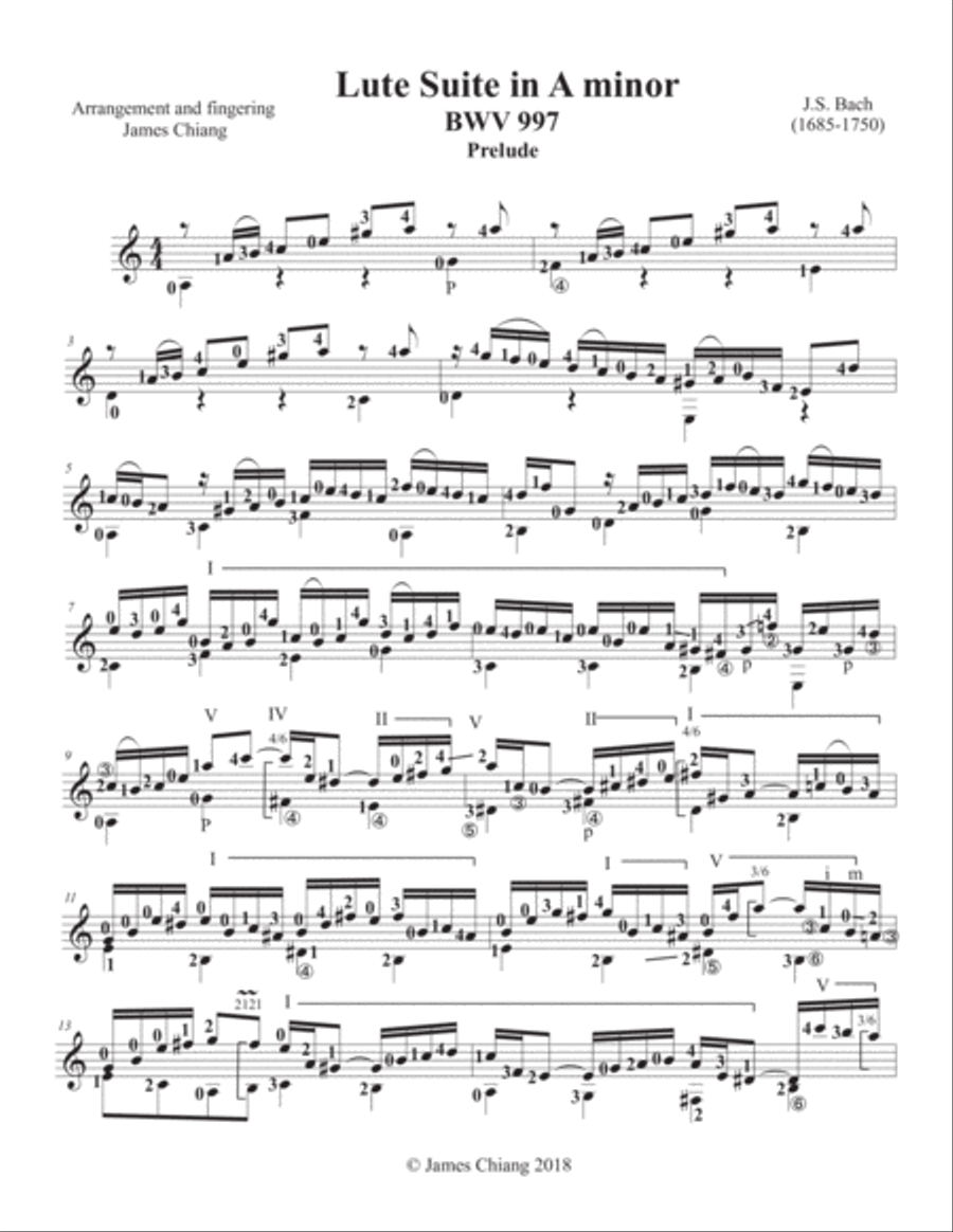 Bach - Lute Suite in A minor (BWV 997) for classical guitar. Lute scores gallery preview page 1