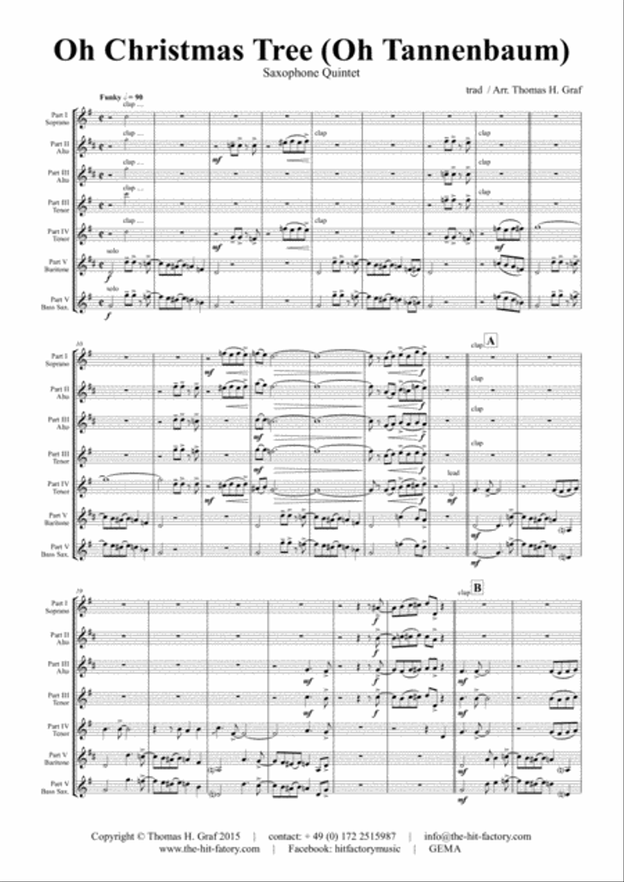 Oh Christmas tree - Oh Tannenbaum - Funky - Saxophone Quintet Saxophone Quintet scores gallery preview page 1